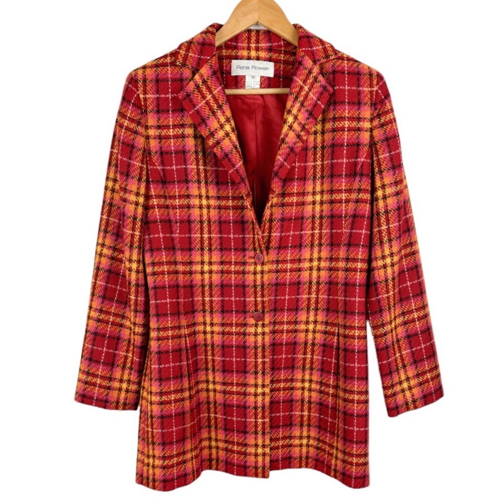 Vintage Rena Rowan Wool Longline Plaid Jacket Size 10 - Picture 2 of 10